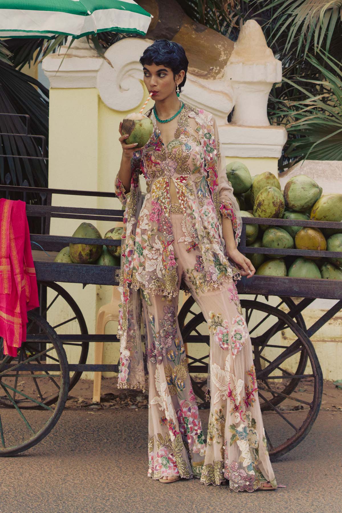 Peach Patchwork Peplum Sharara Set