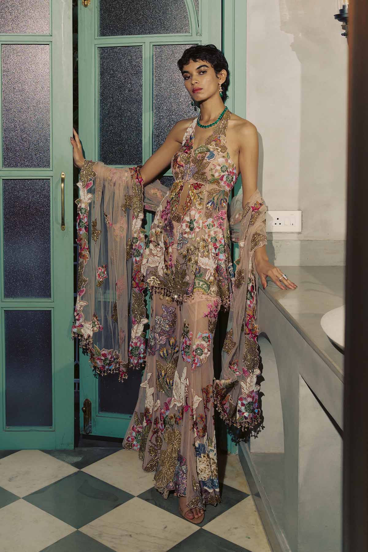 Peach Patchwork Peplum Sharara Set