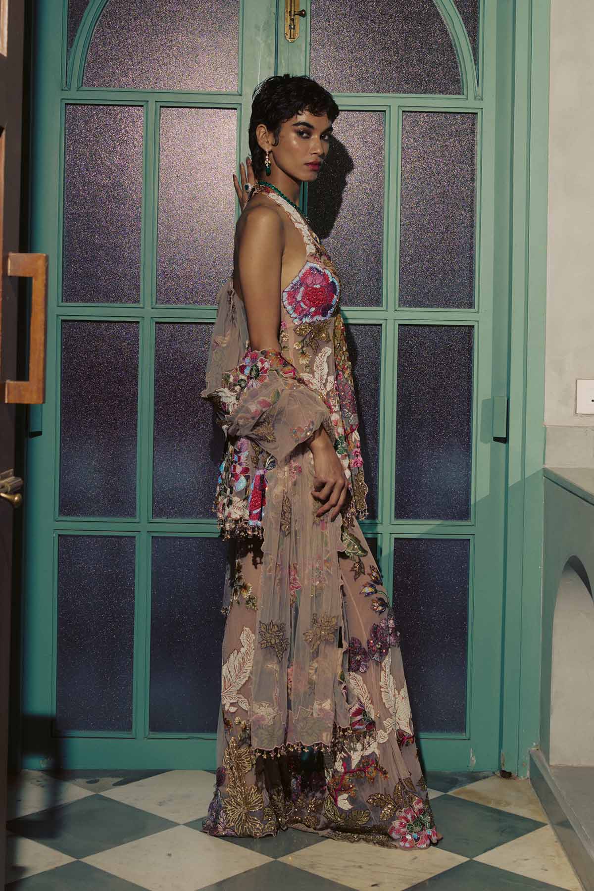 Peach Patchwork Peplum Sharara Set