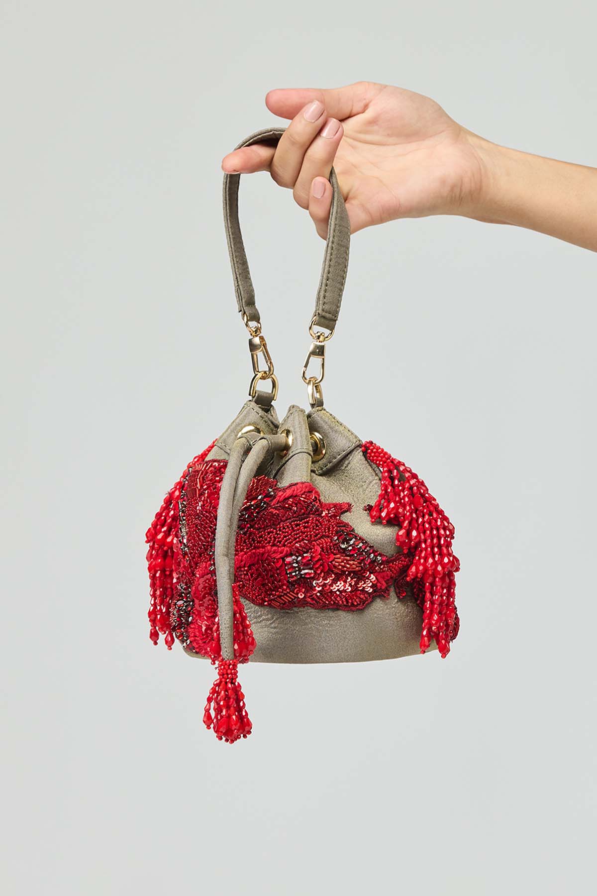 Sage Green & Crimson Embellished Potli