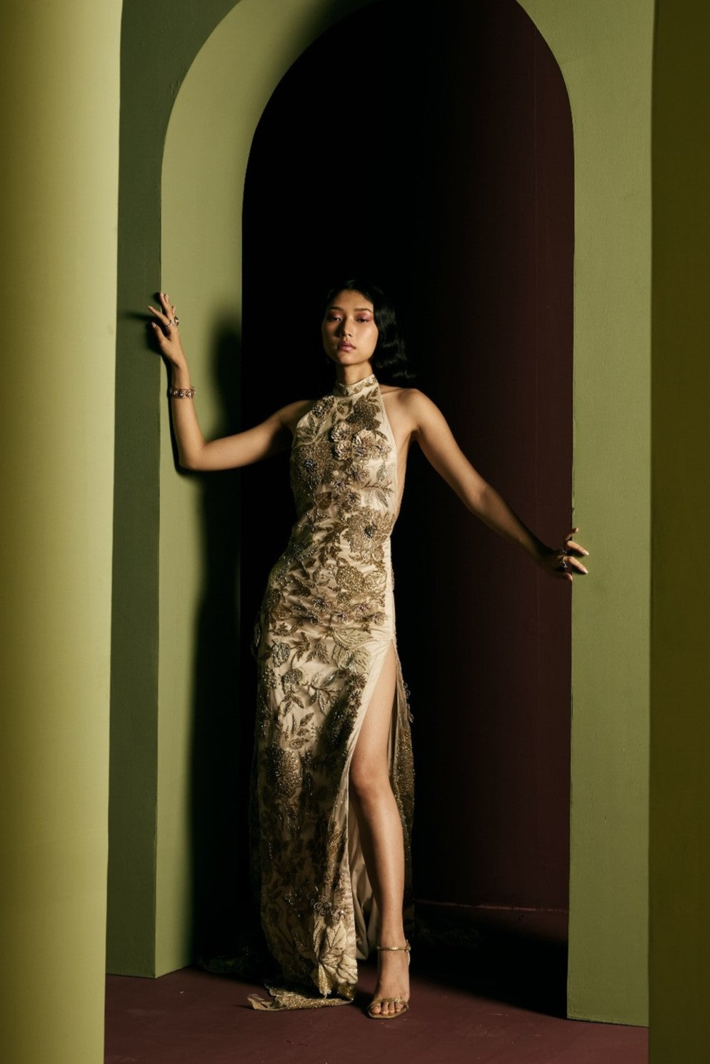 BEIGE MONO NET DRESS