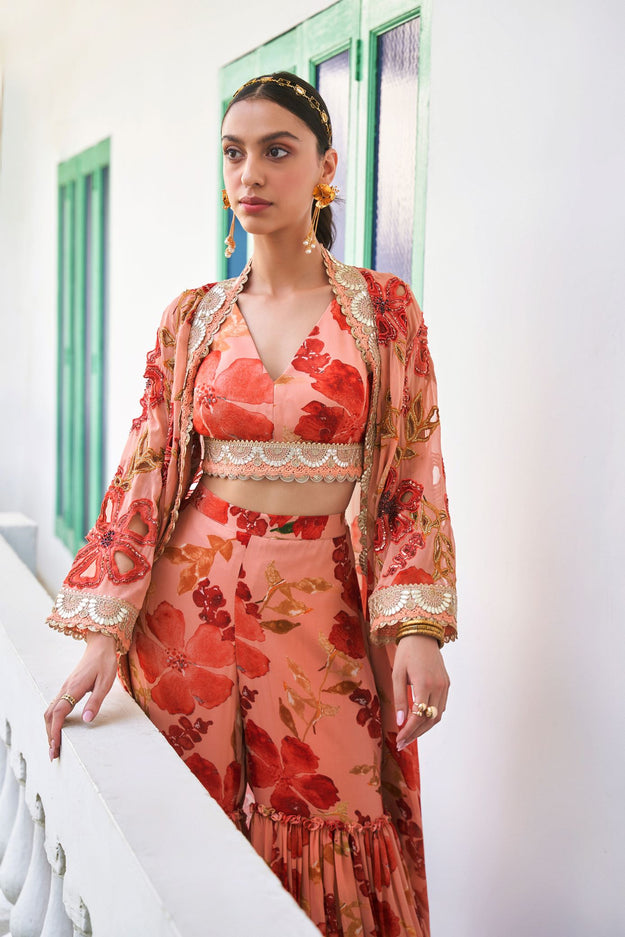 AZALEA Peach Sharara Set with Overlay