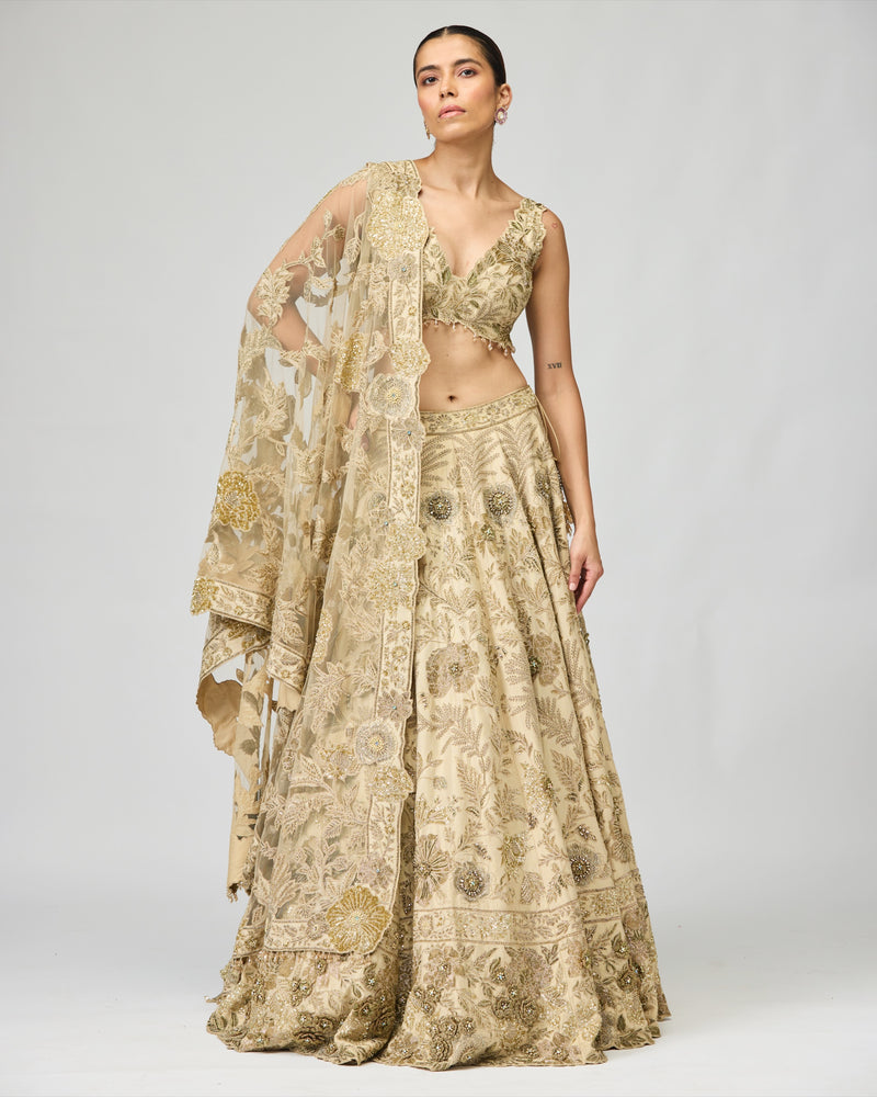 BEIGE TISSUE LEHENGA SET