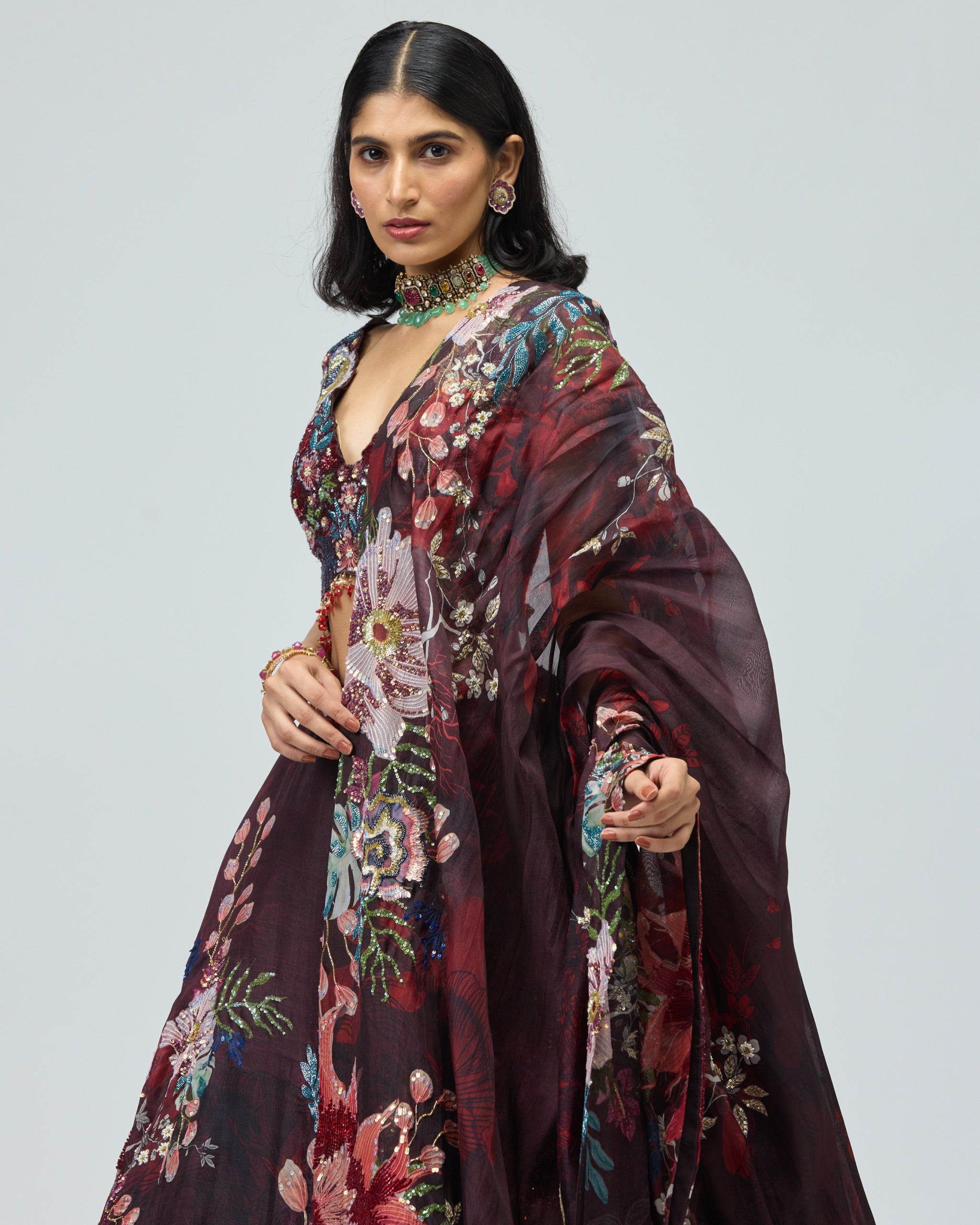BLACK SILK ORGANZA LEHENGA SET