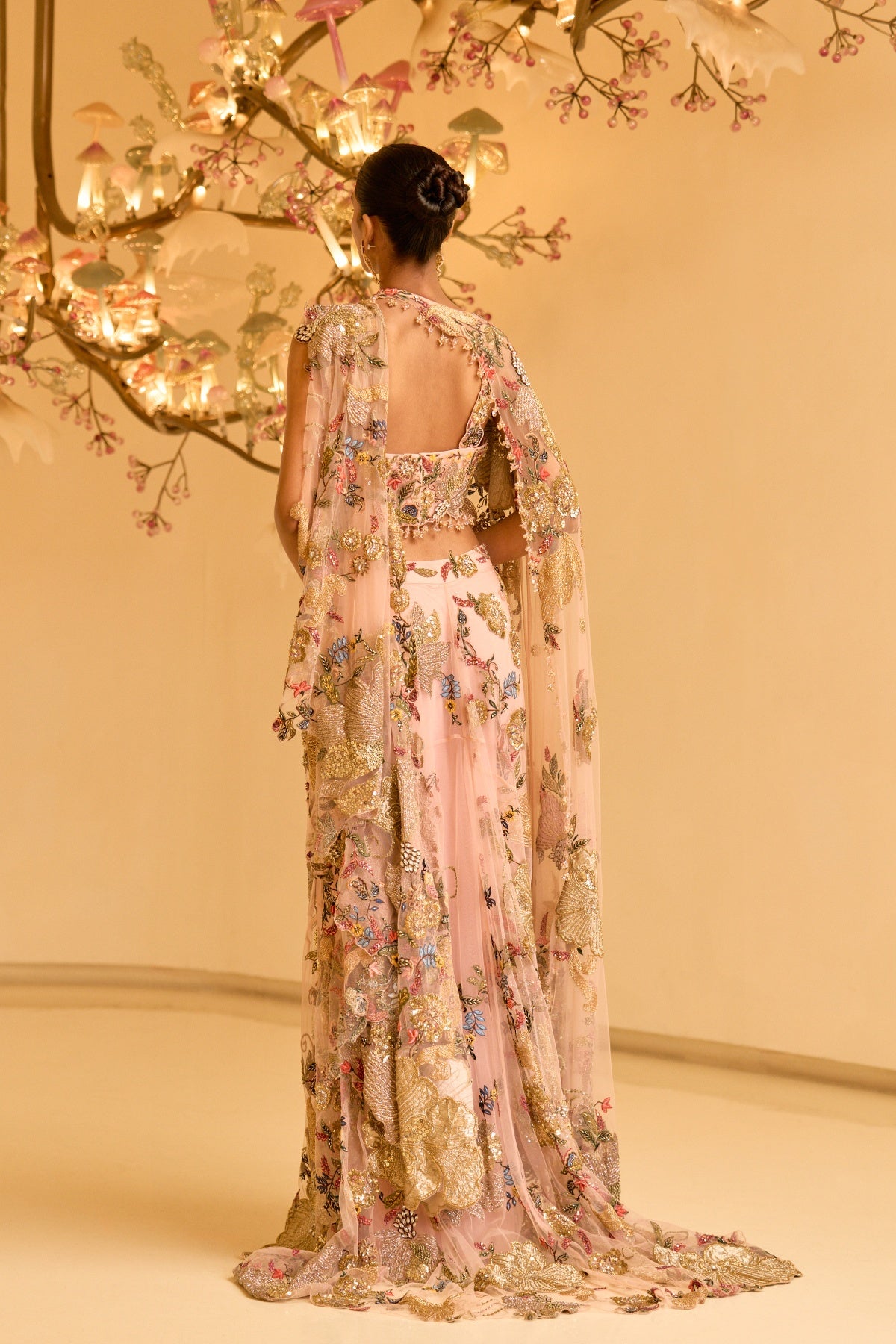 BOTANICAL DRAPED SAREE WITH CAPE