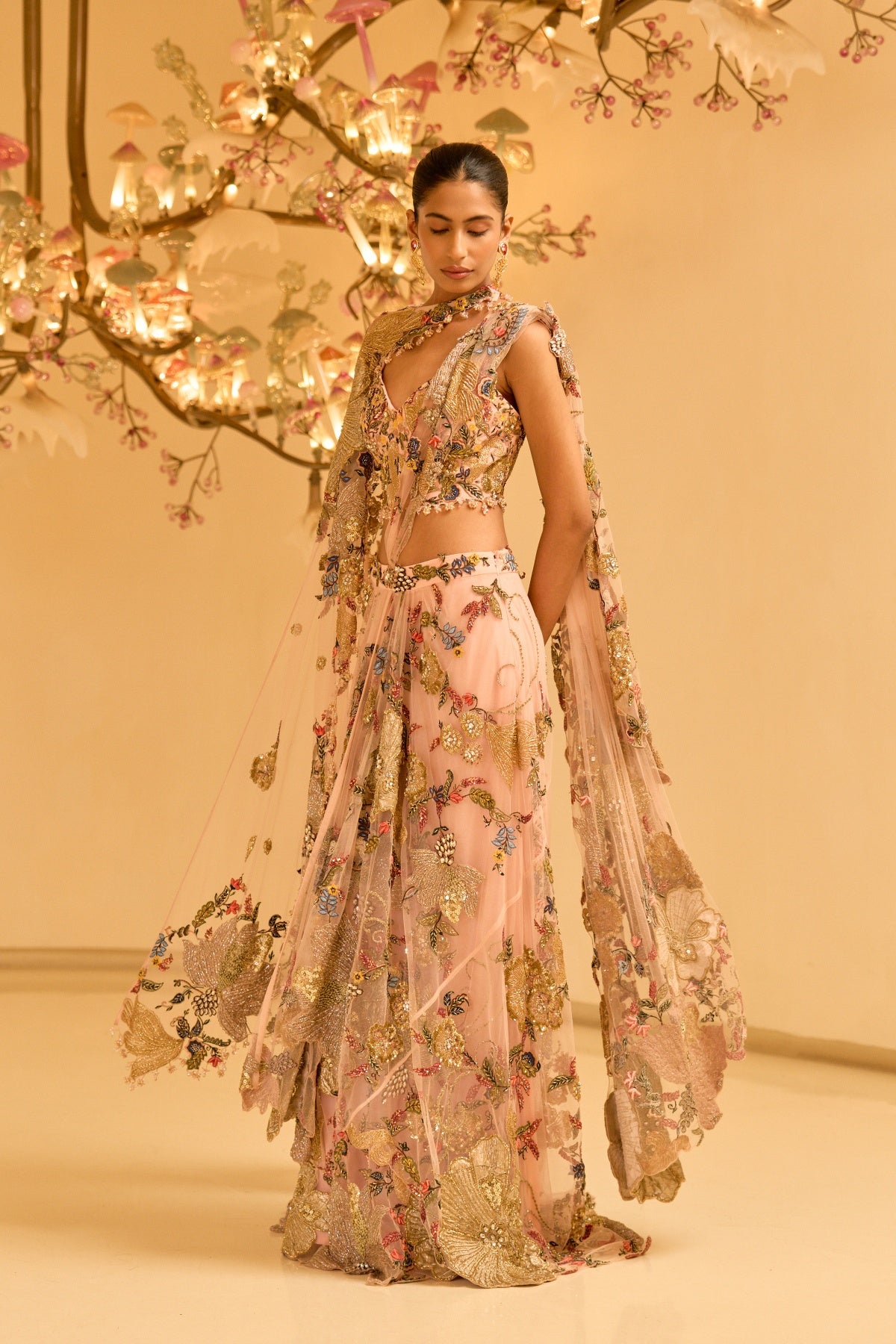 BOTANICAL DRAPED SAREE WITH CAPE