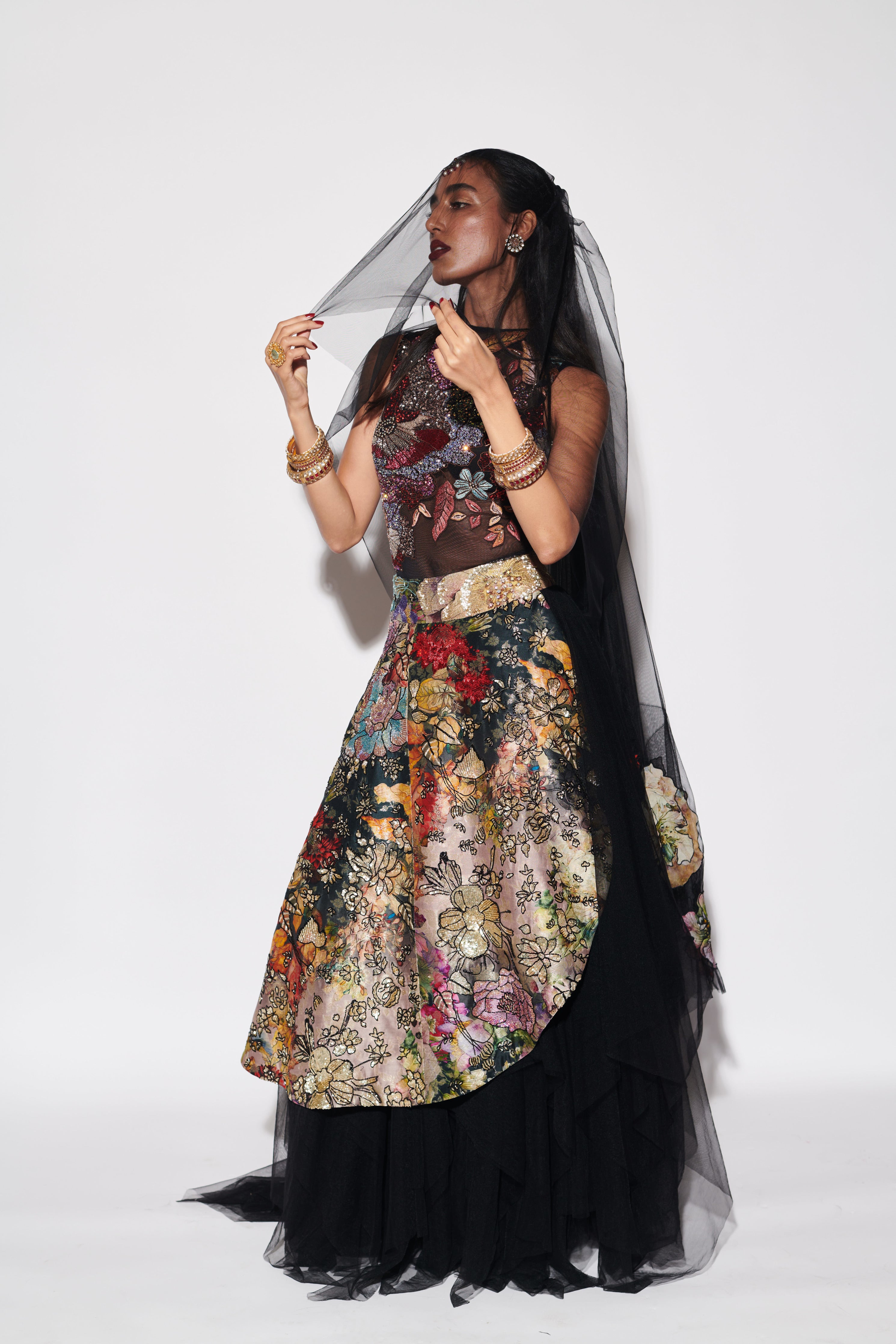 BLACK PRINTED SIDE PANEL SKIRT WITH EMBROIDERED BODYSUIT & VEIL