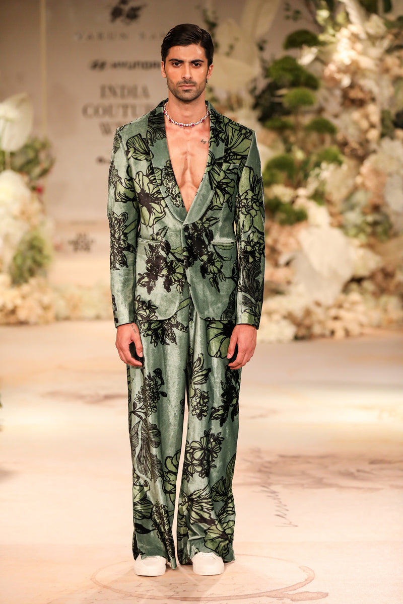 Green Printed Velvet Suit Set