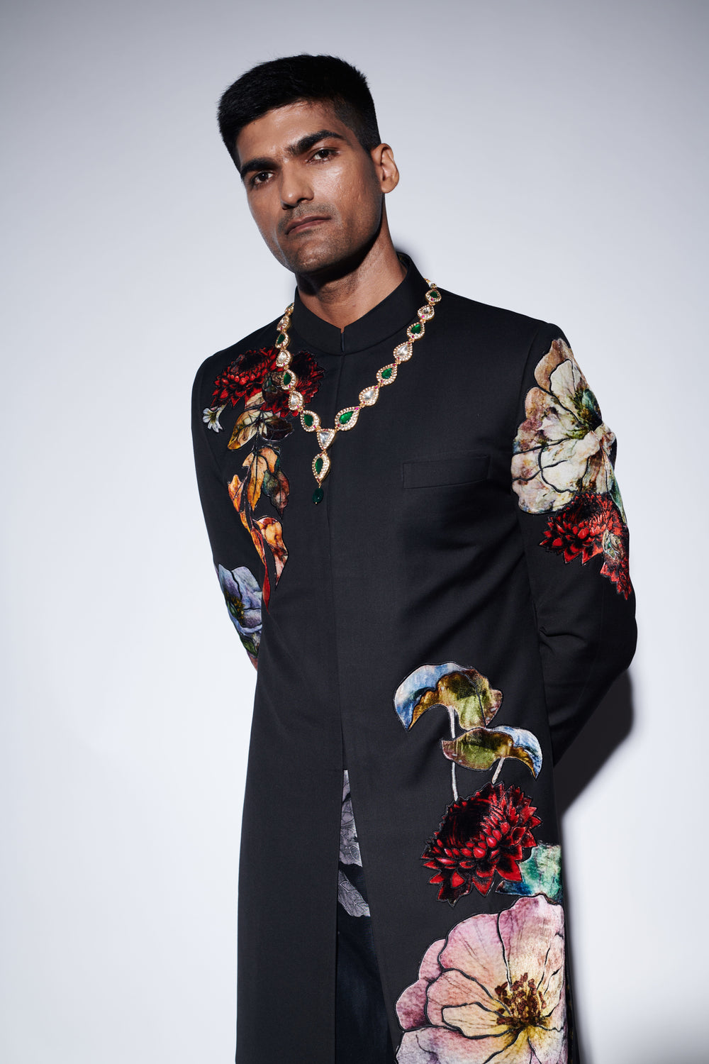 Trifecta black applique panel sherwani