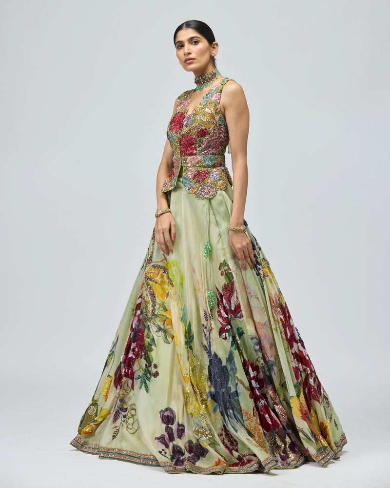 GREEN SILK ORGANZA LEHENGA SET