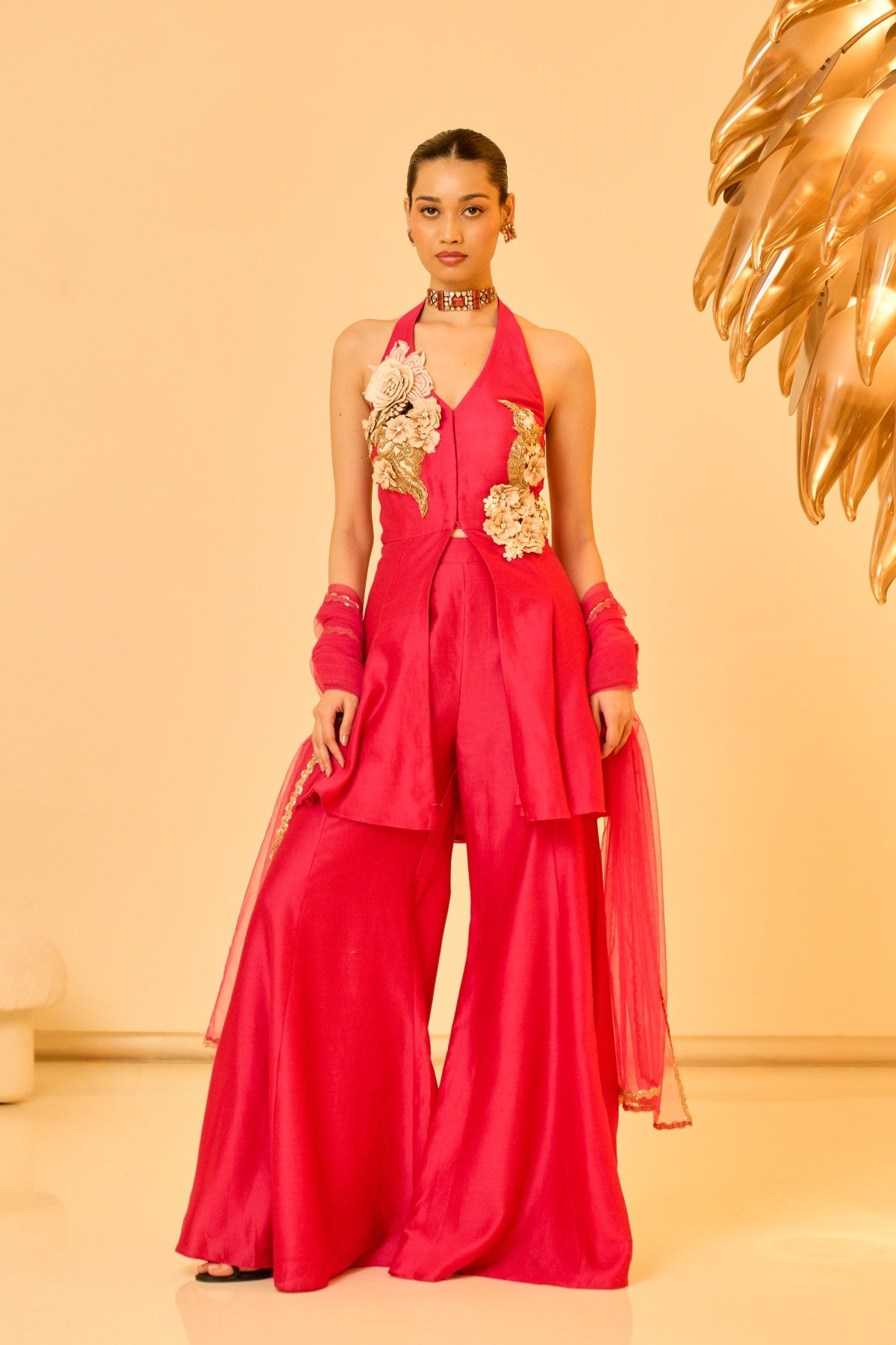 HOTPINK FLORAL HALTER PEPLUM SET