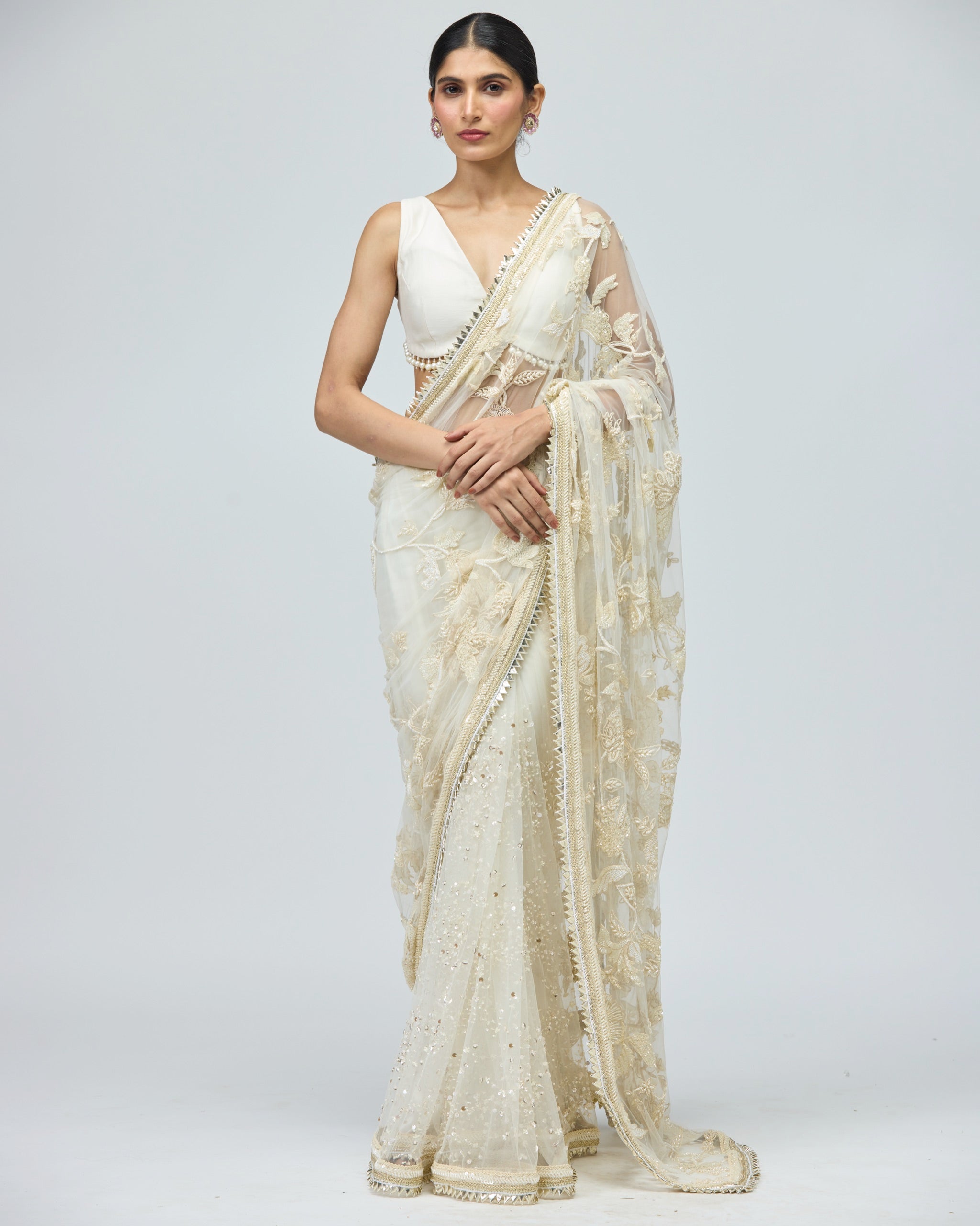 IVORY MONO NET SAREE SET
