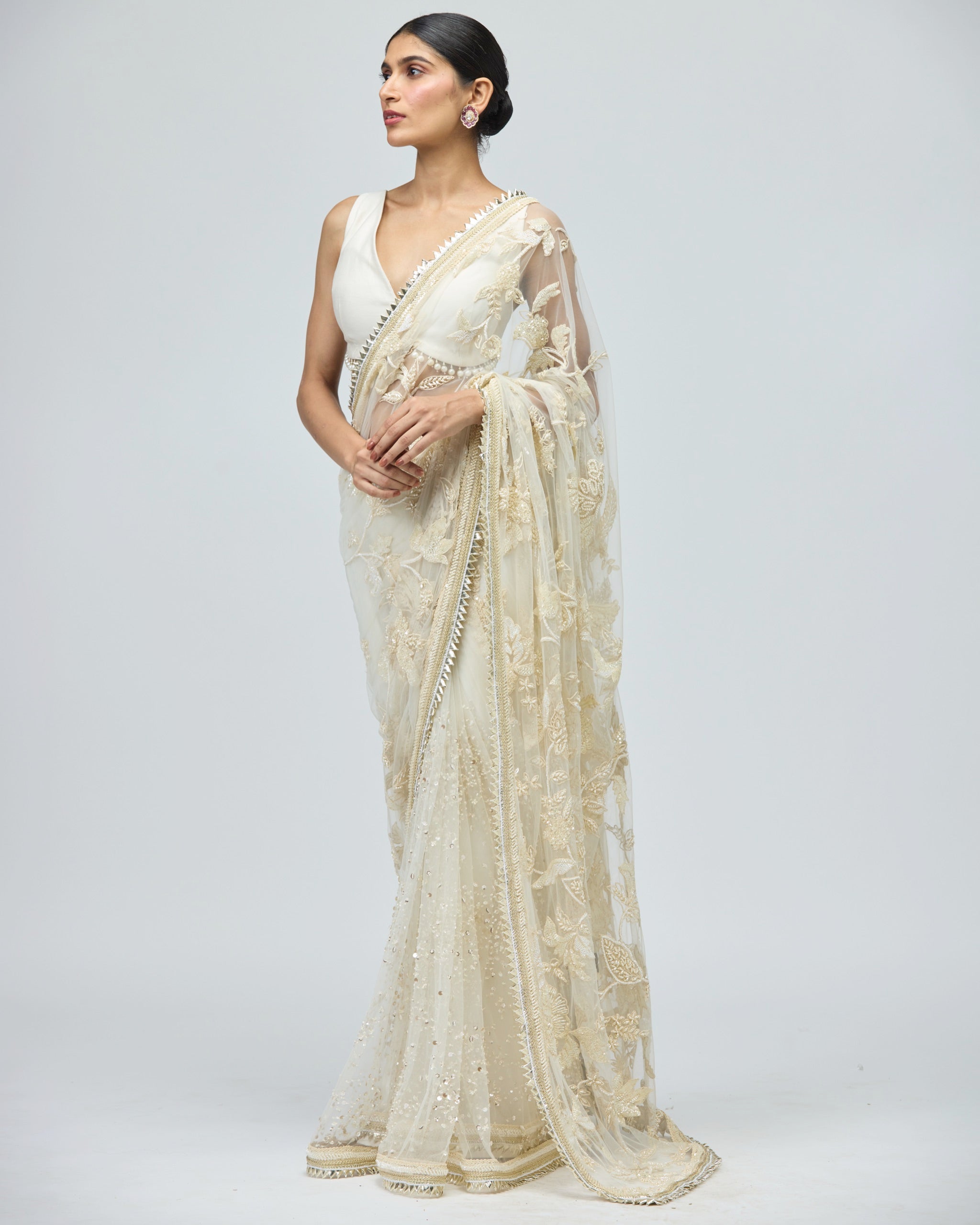 IVORY MONO NET SAREE SET