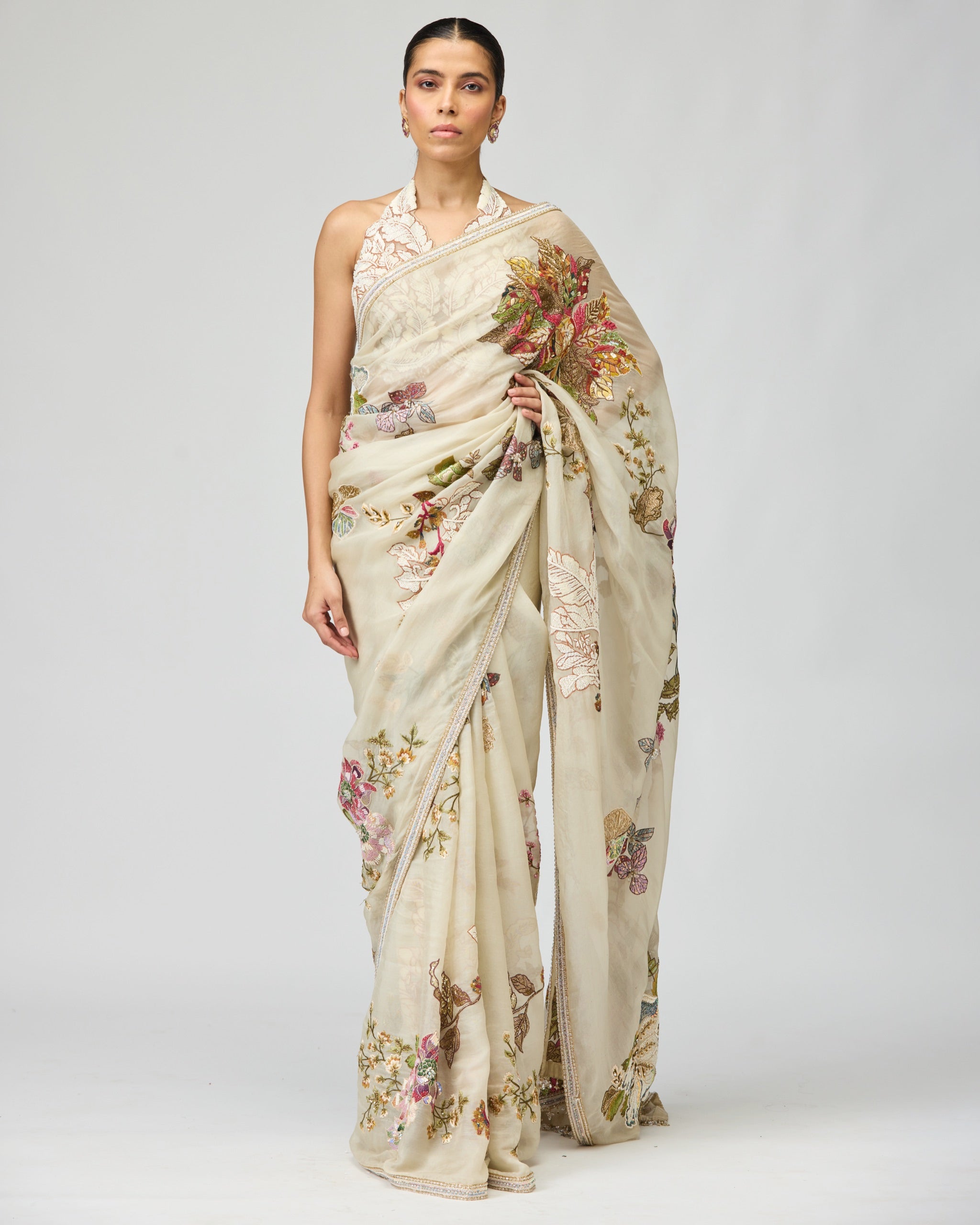 IVORY SILK ORGANZA FLORAL SAREE SET