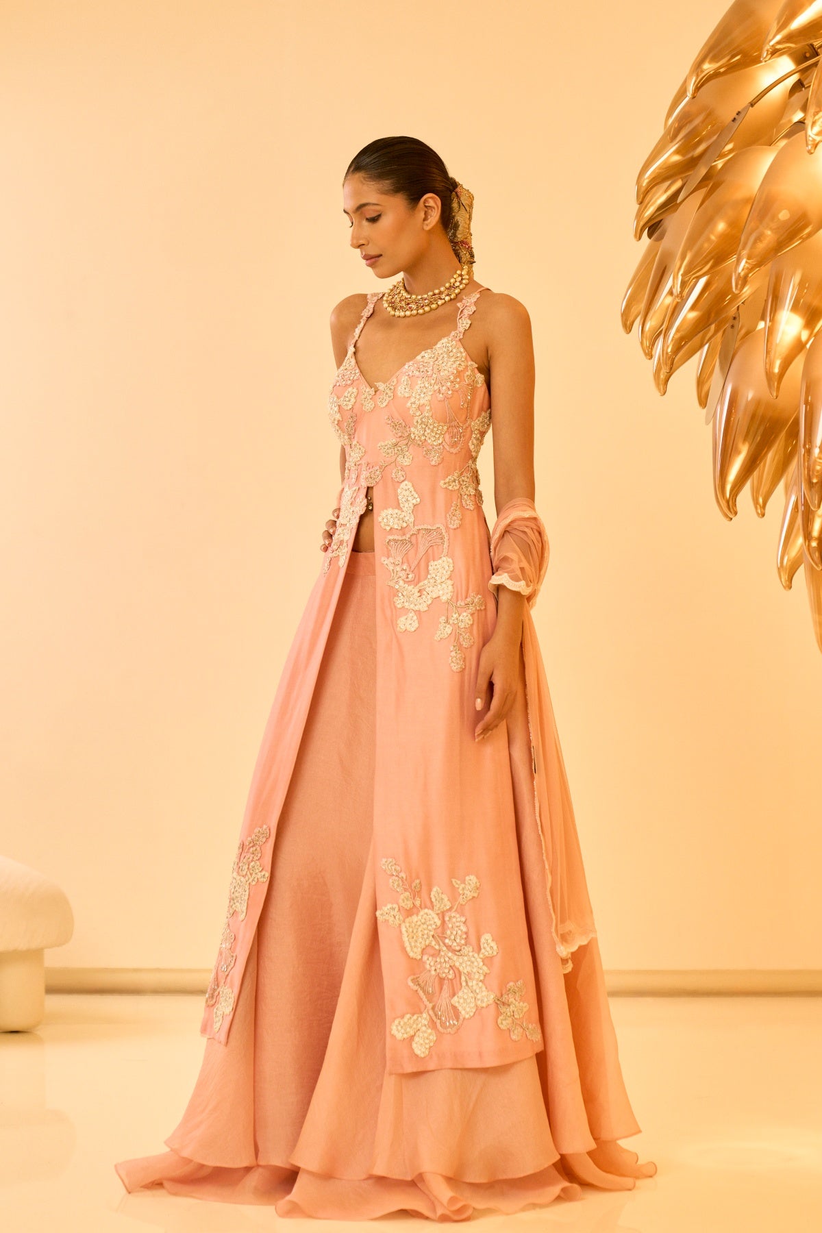 PEACH EMBROIDERED ANARKALI SET
