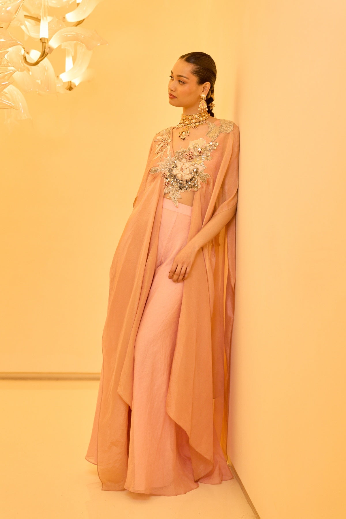 PEACH EMBROIDERED KAFTAN SET