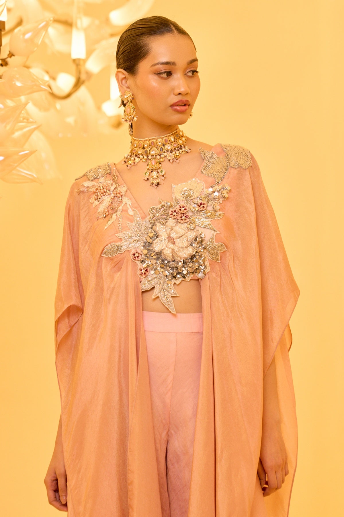 PEACH EMBROIDERED KAFTAN SET
