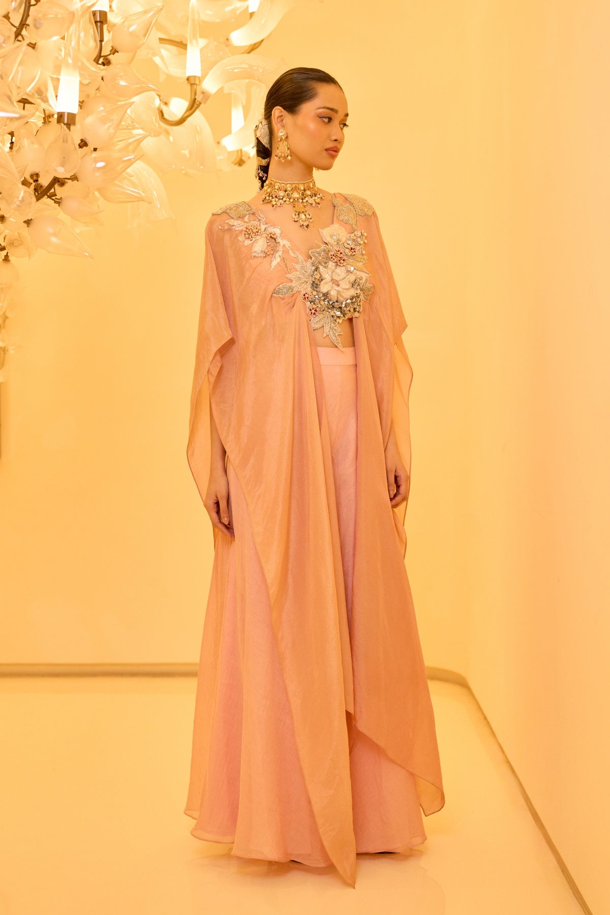 PEACH EMBROIDERED KAFTAN SET