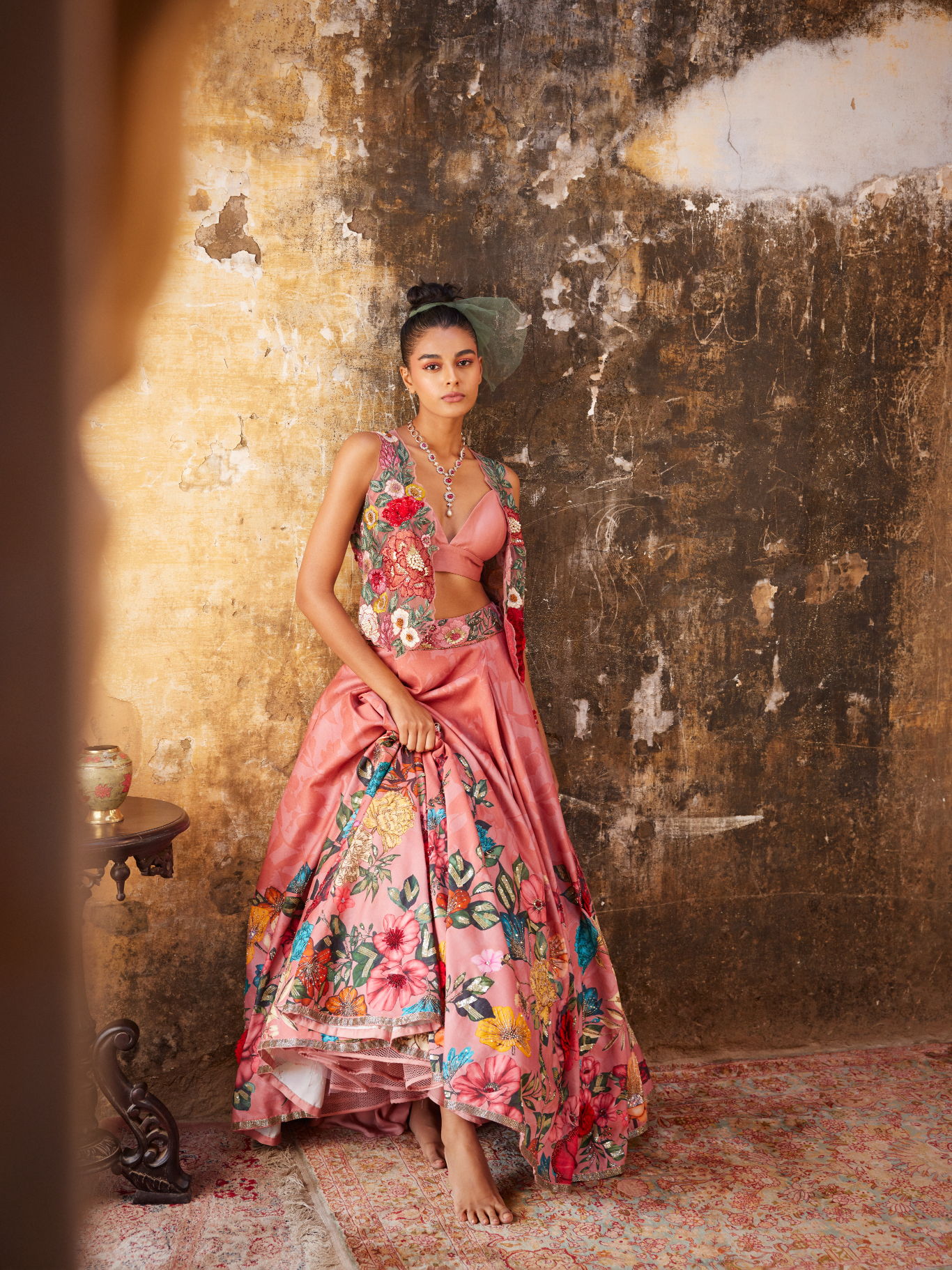 Old Rose Floral Printed & Embroidered Gilet and Lehenga Set