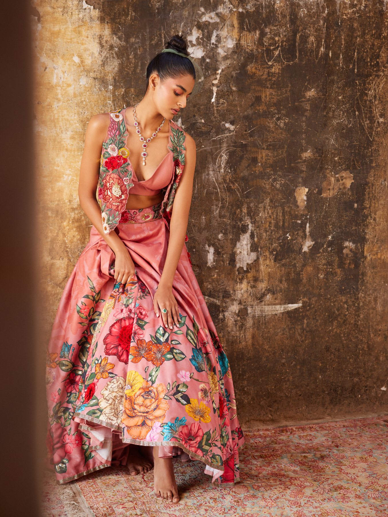 Old Rose Floral Printed & Embroidered Gilet and Lehenga Set