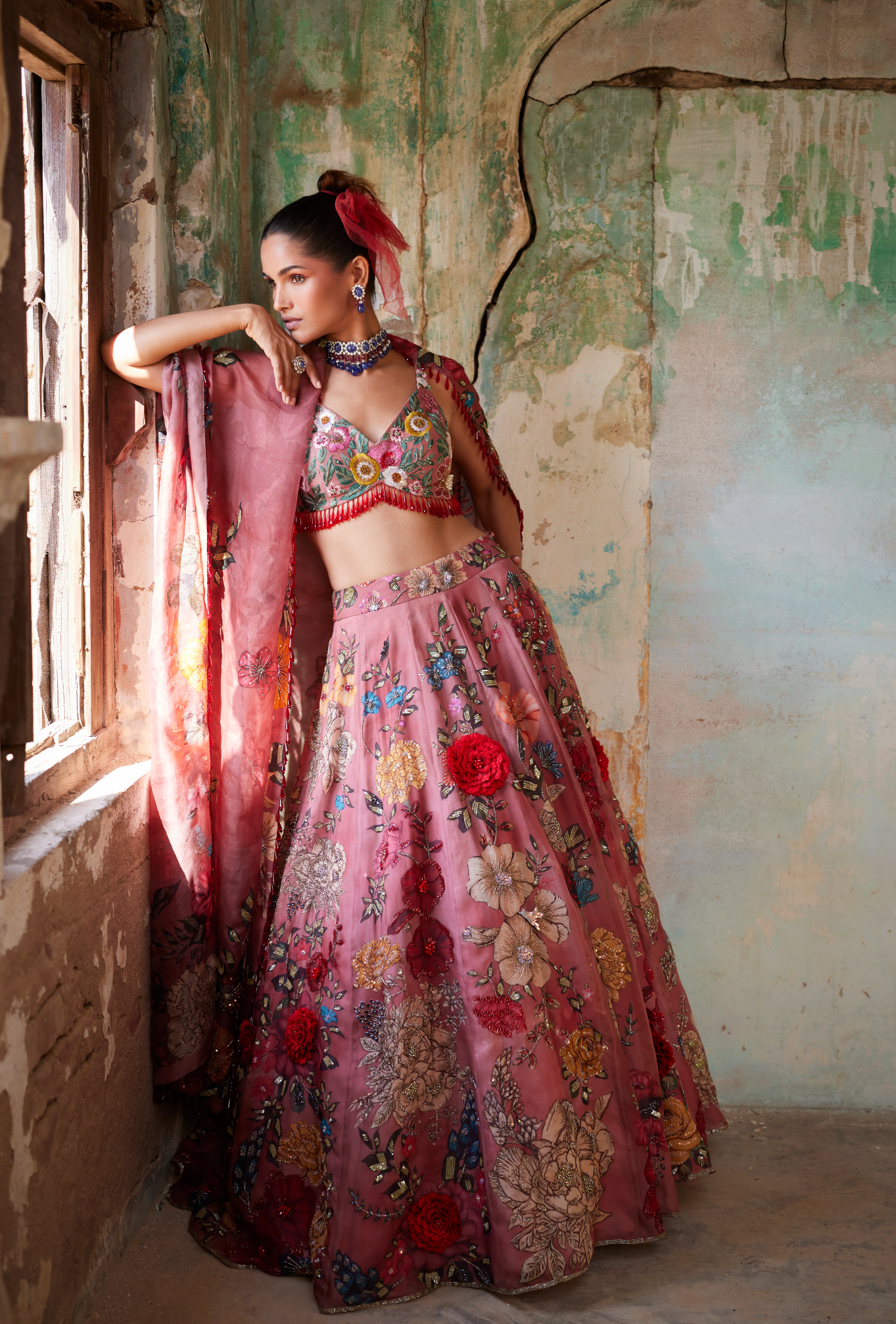 Embroidered Net Lehenga in Old Rose : LYC1199