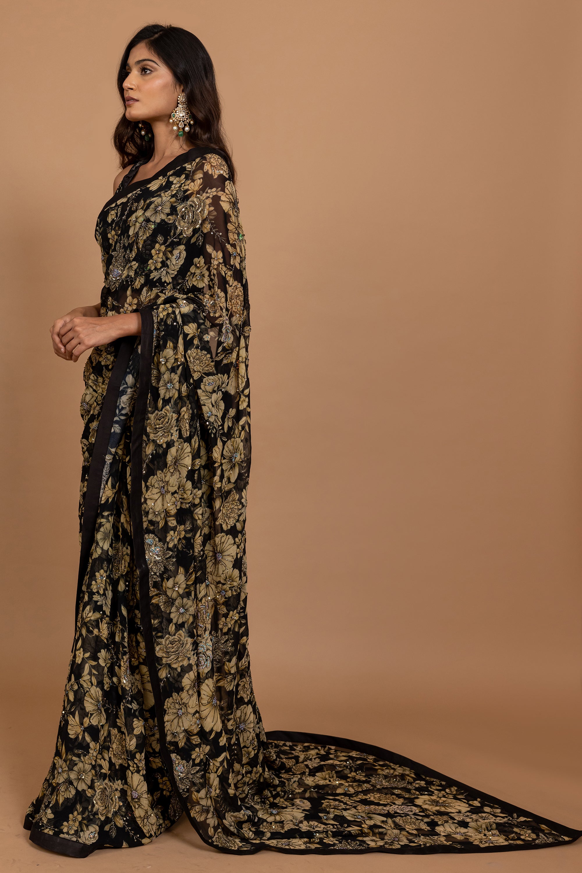Black Floral Printed & Embroidered Saree Set