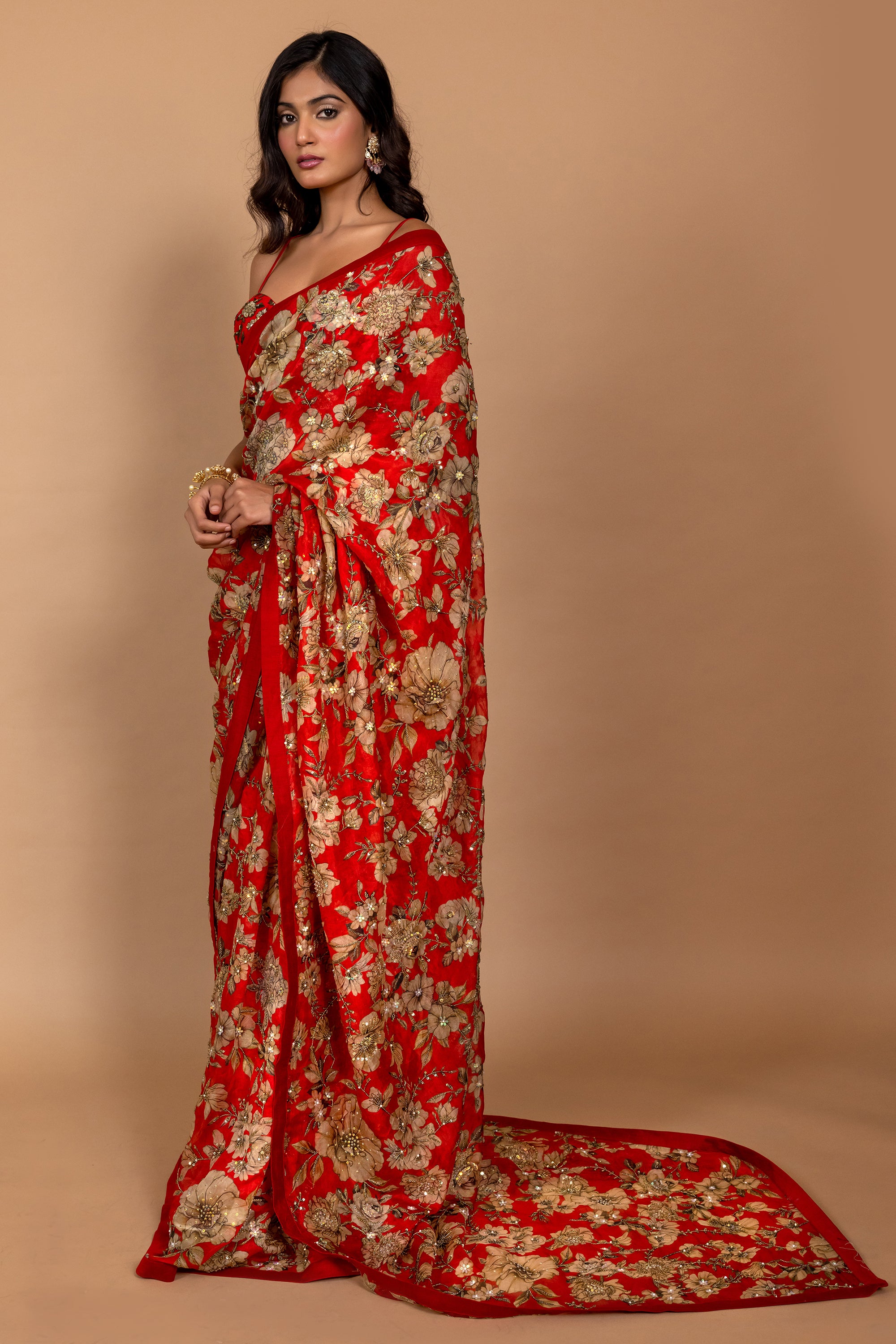 Red Floral Printed & Embroidered Saree Set