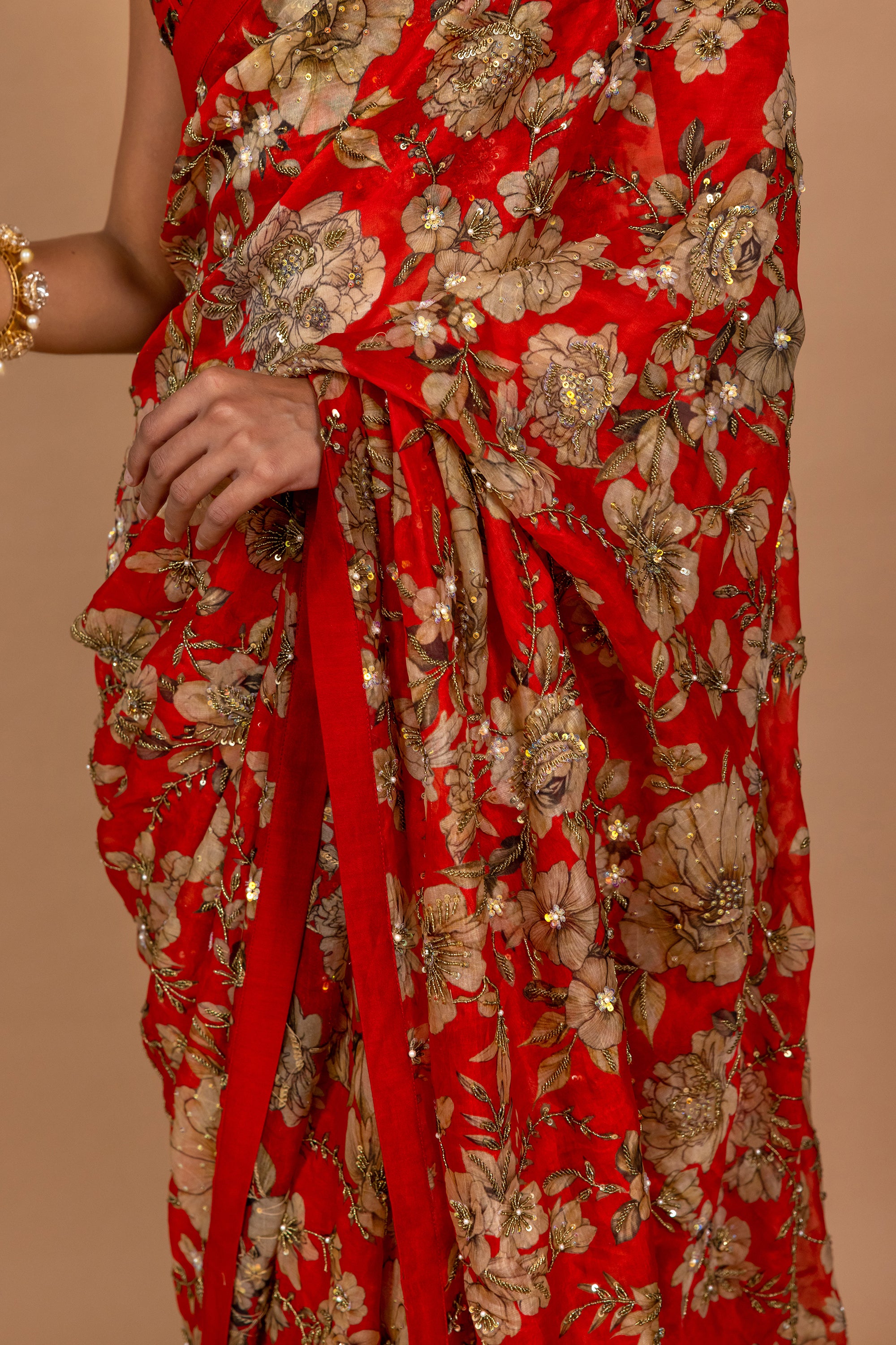 Red Floral Printed & Embroidered Saree Set
