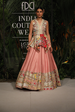Upcycled Multi Patchwork Pink Lehenga With Peplum Top