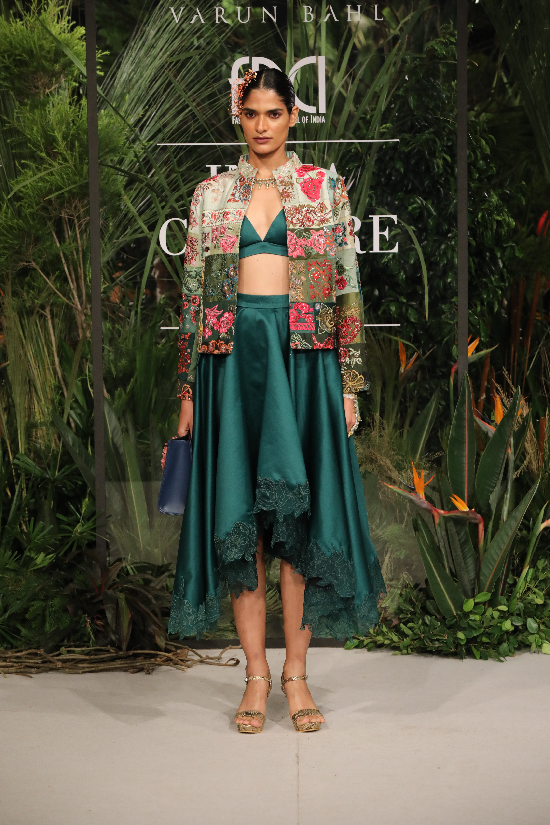 Green Ombre Multi Patchwork Jacket With Bralette & Skirt