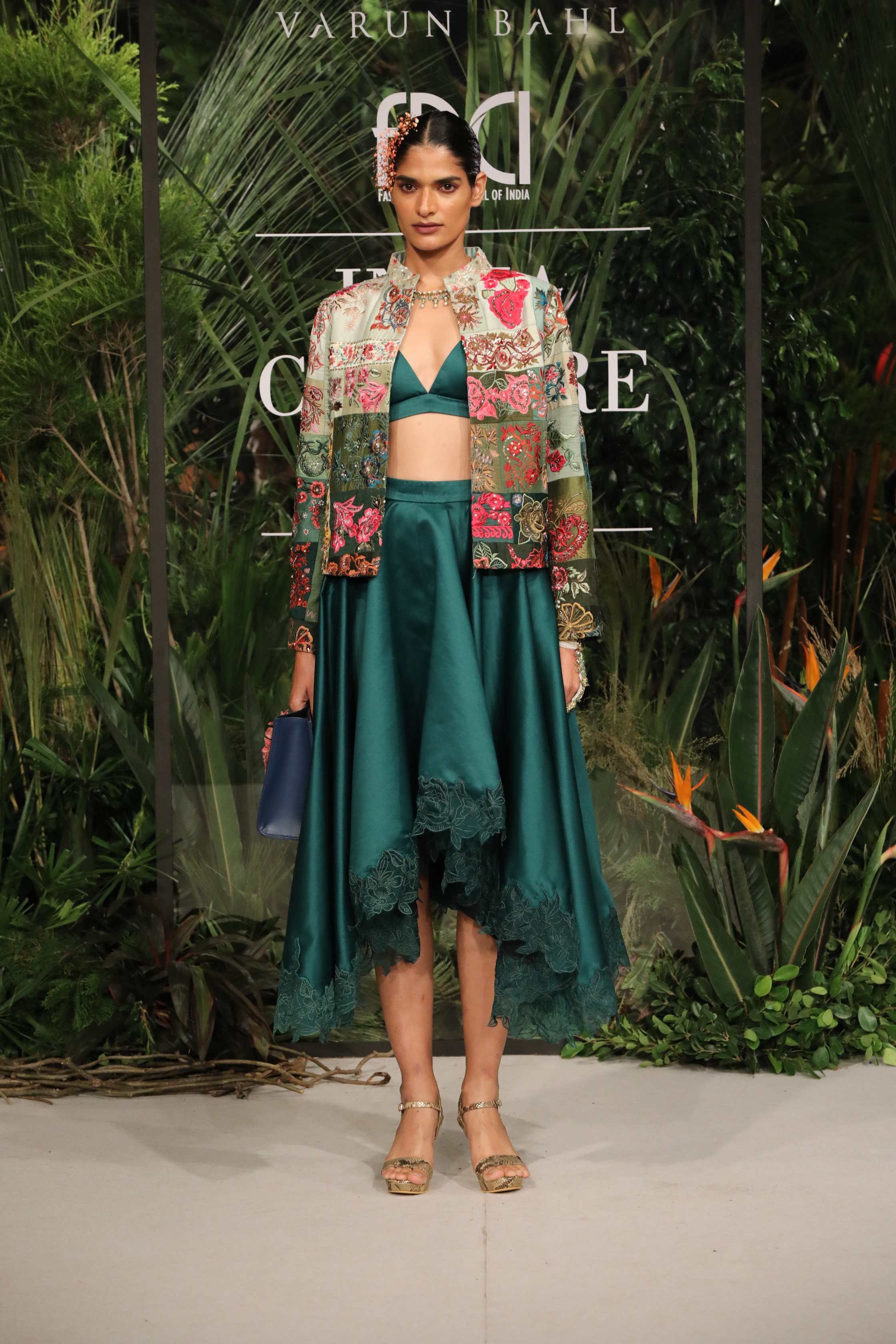 Green Ombre Multi Patchwork Jacket With Bralette Skirt