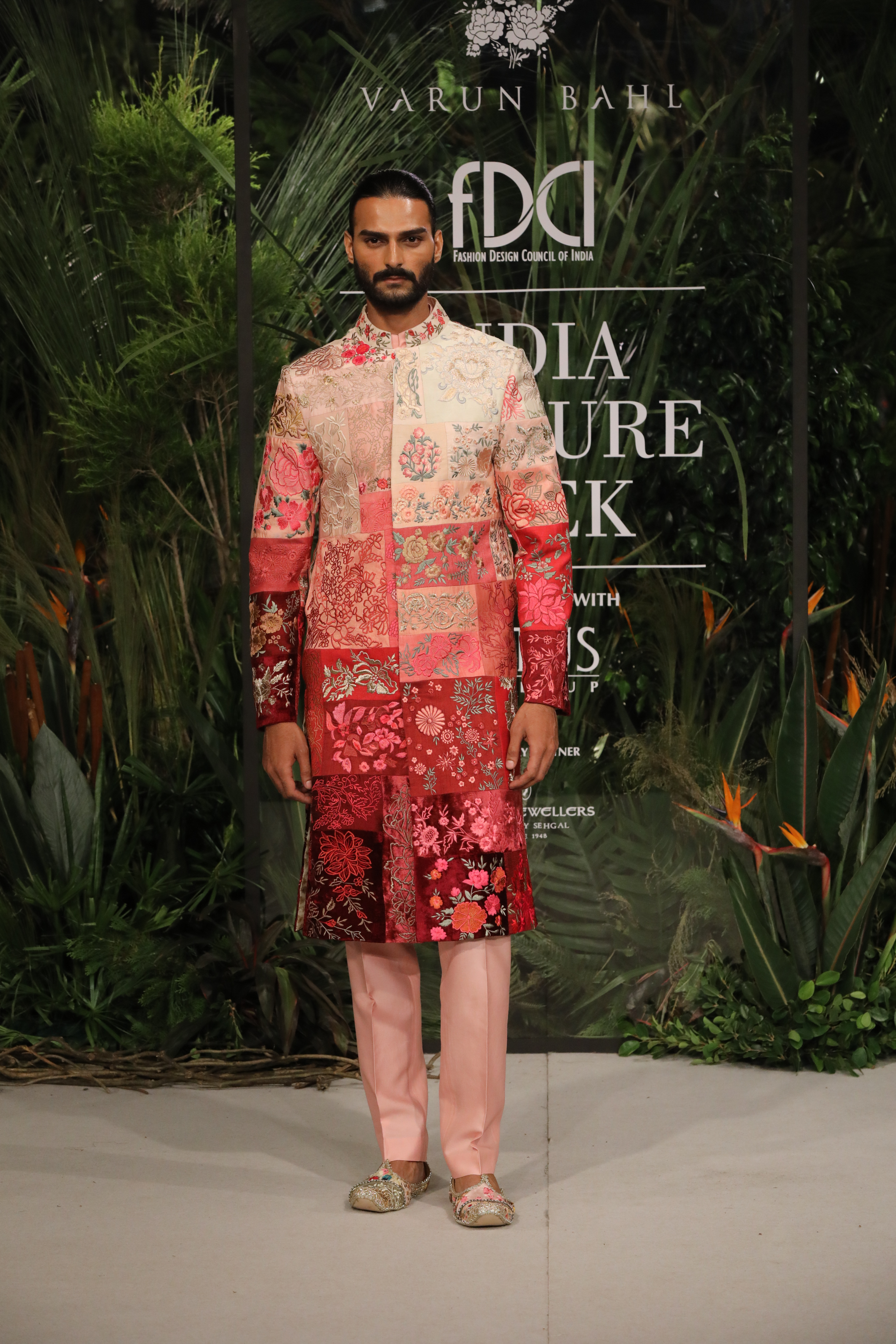 Red Ombre Multi Patchwork Sherwani Set