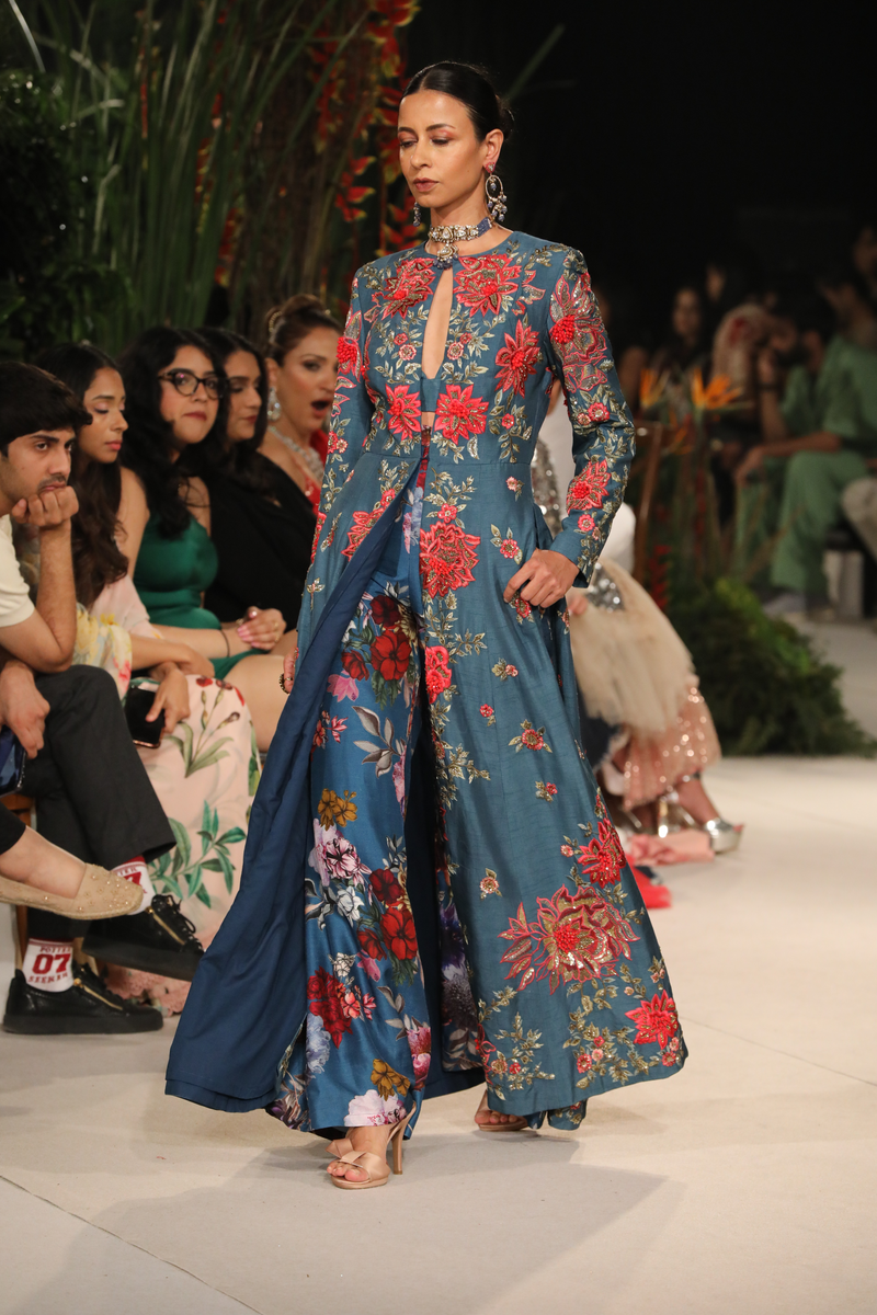 Midnight Blue Embroidered Anarkali With Bralette & Printed Trousers