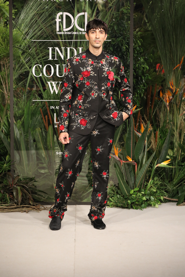 Black Floral Embroidered Bandhgala Set