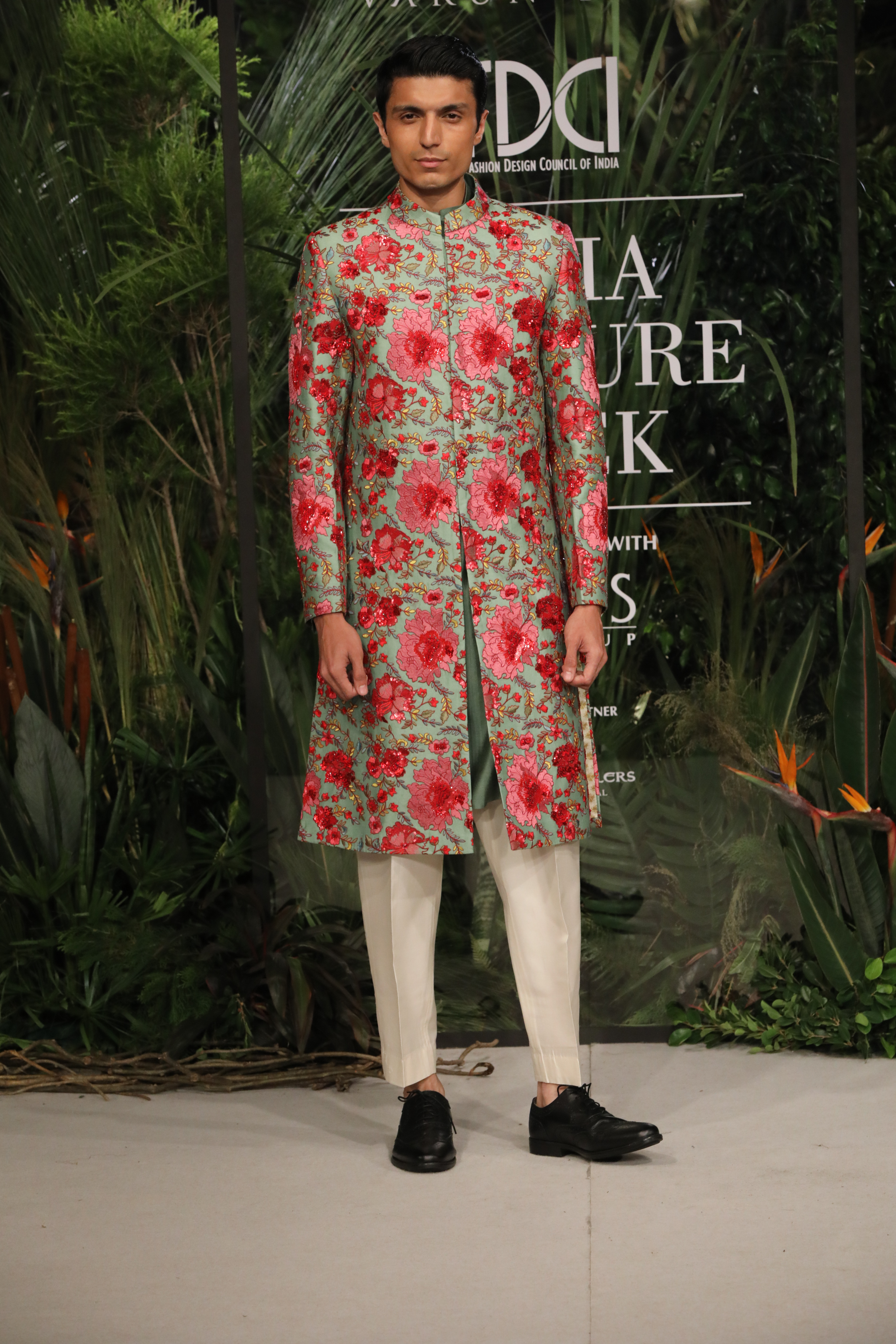 Sage Green Floral Sherwani Set