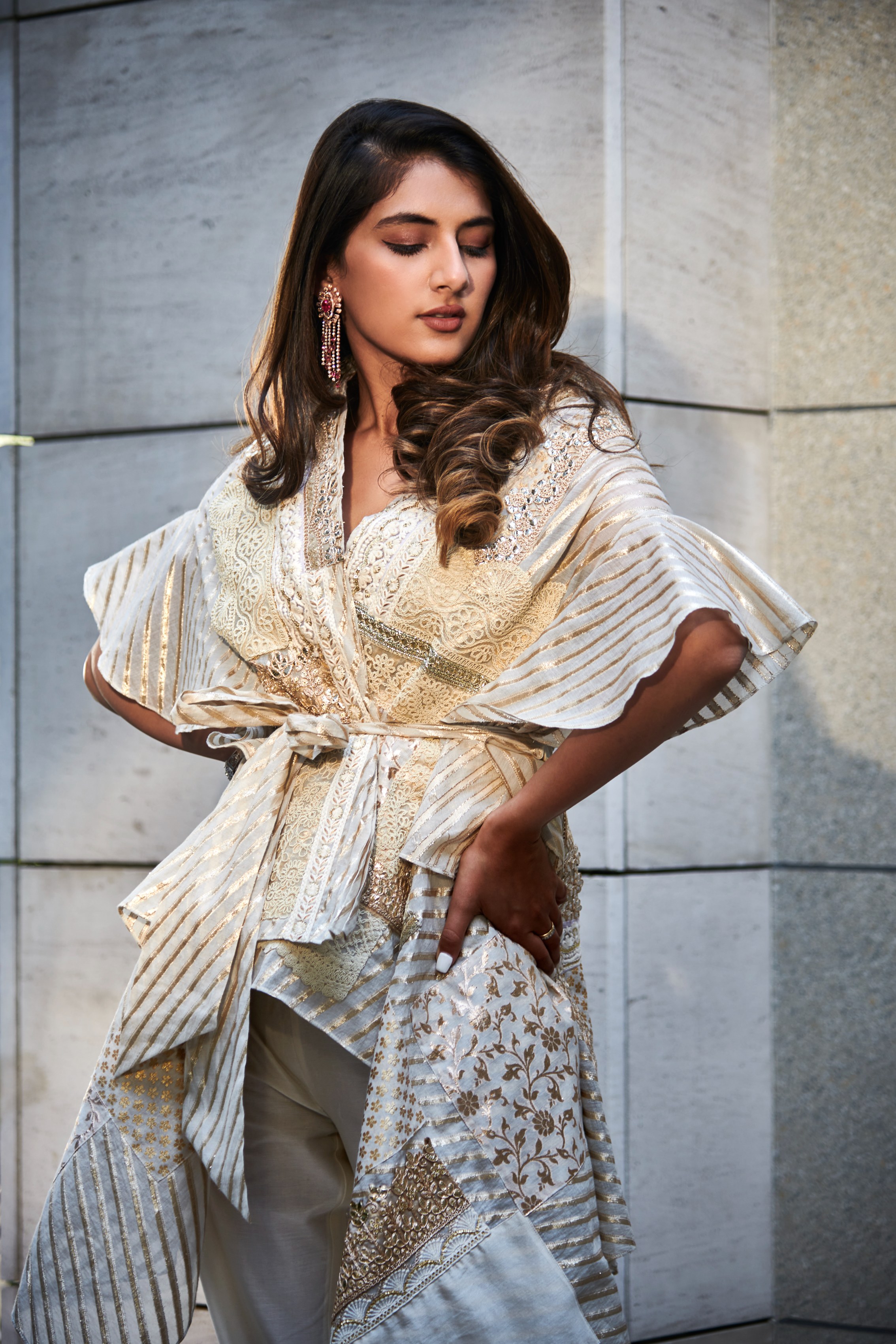 Ivory & Gold Multi Patch Embroidered Cape Set
