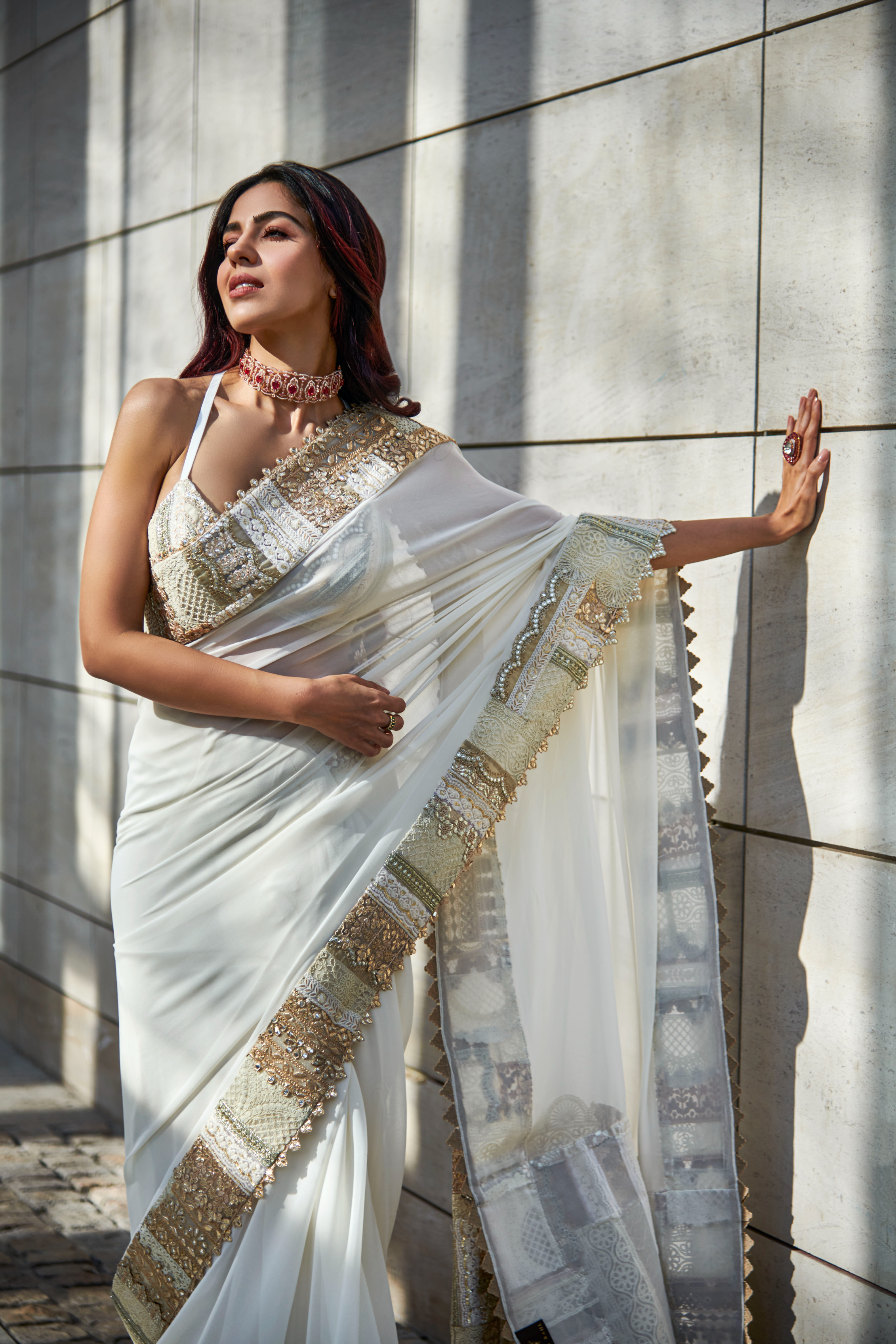 Ivory & Gold Multi Patch Embroidered Saree Set