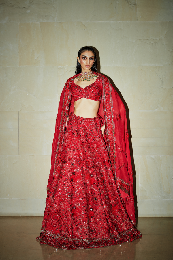Ruby Red Embroidered Lehenga Set