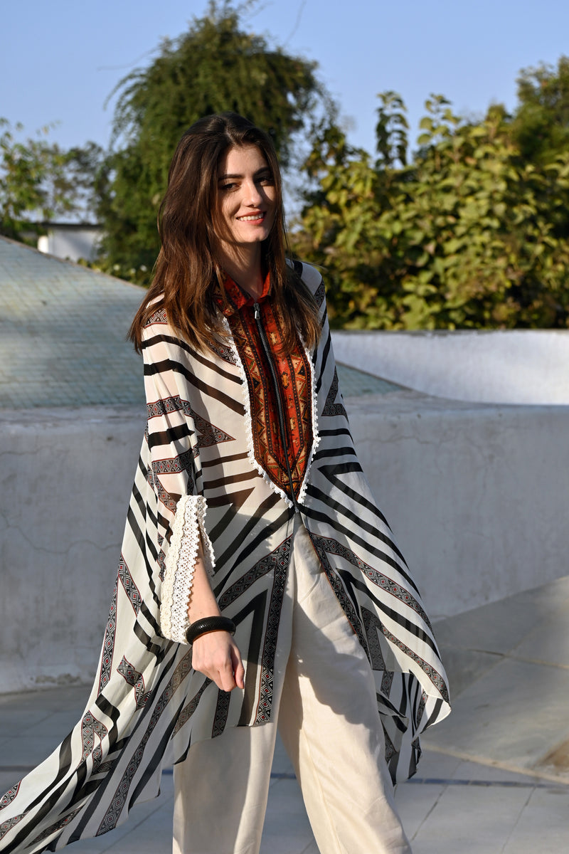 Stripe and Kilim Front Open Tunic and Trousers