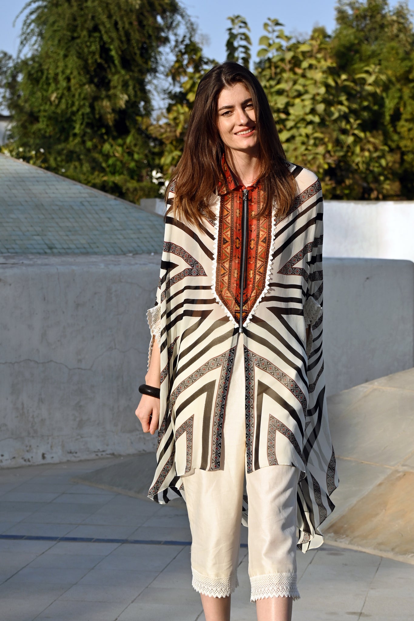 Stripe and Kilim Front Open Tunic and Trousers