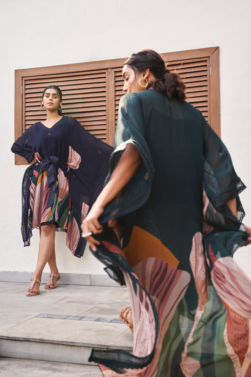 Bottle Green Abstract Print Long Kaftan