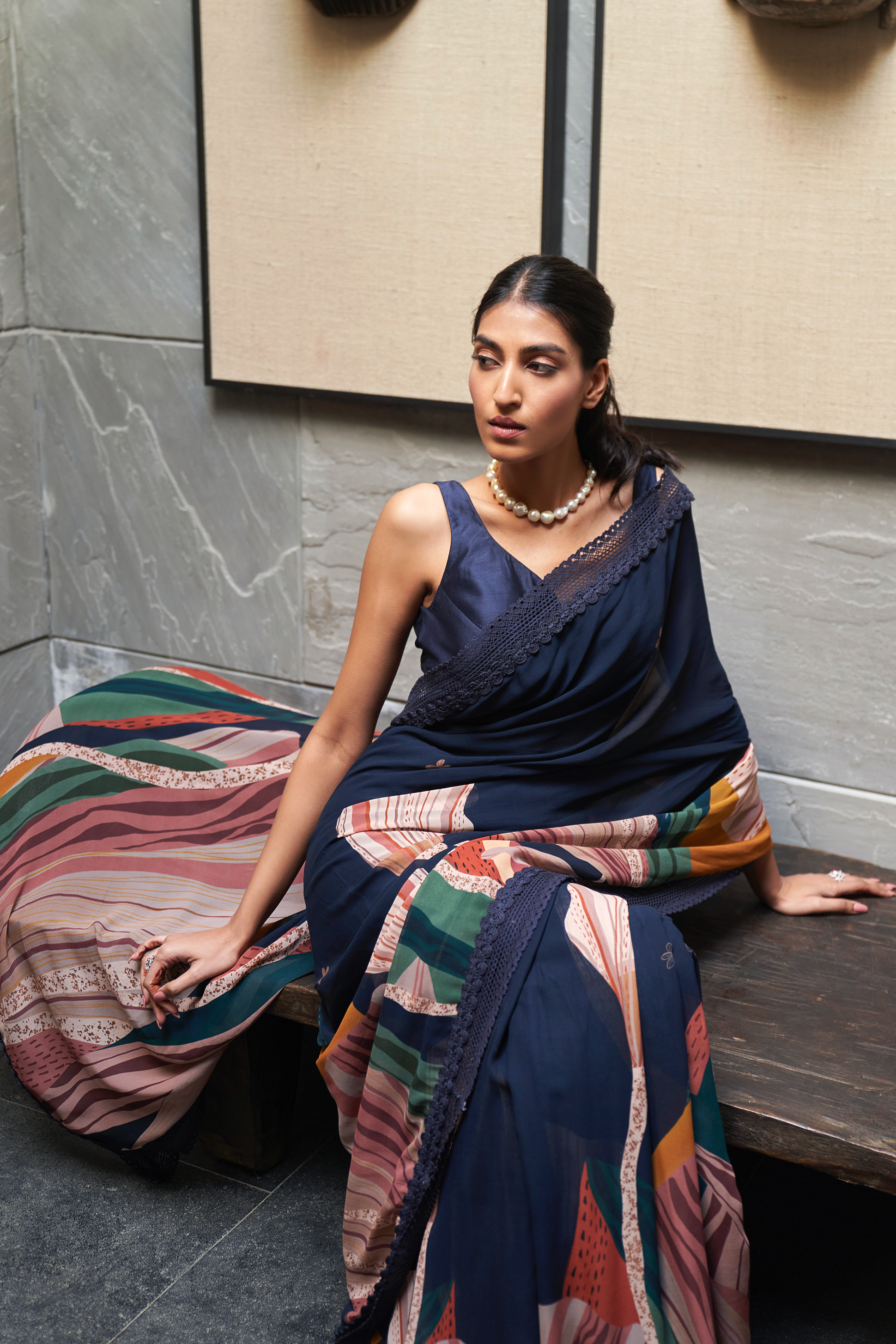 Midnight Blue Abstract Print Saree With Blouse