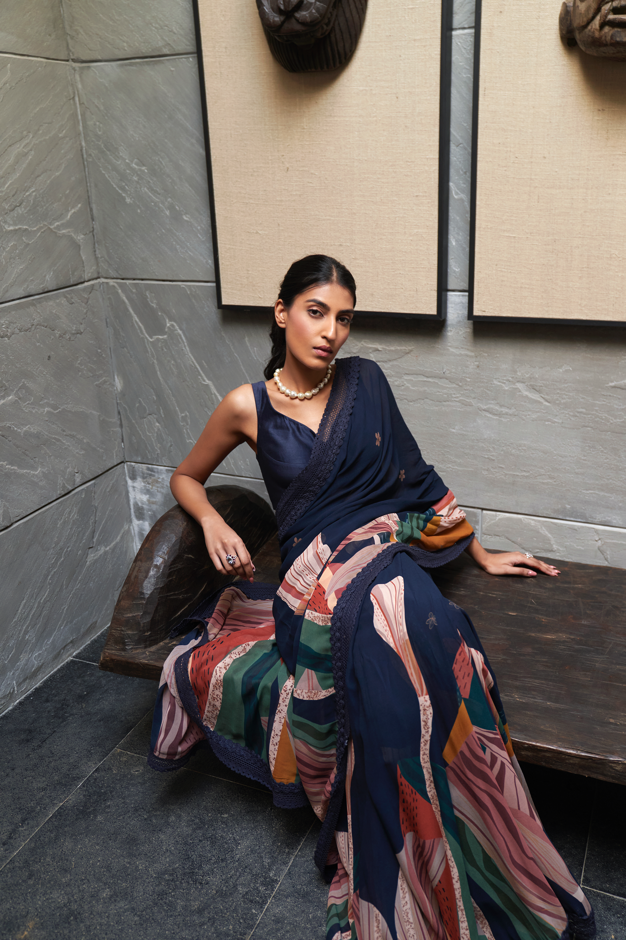 Midnight Blue Abstract Print Saree With Blouse