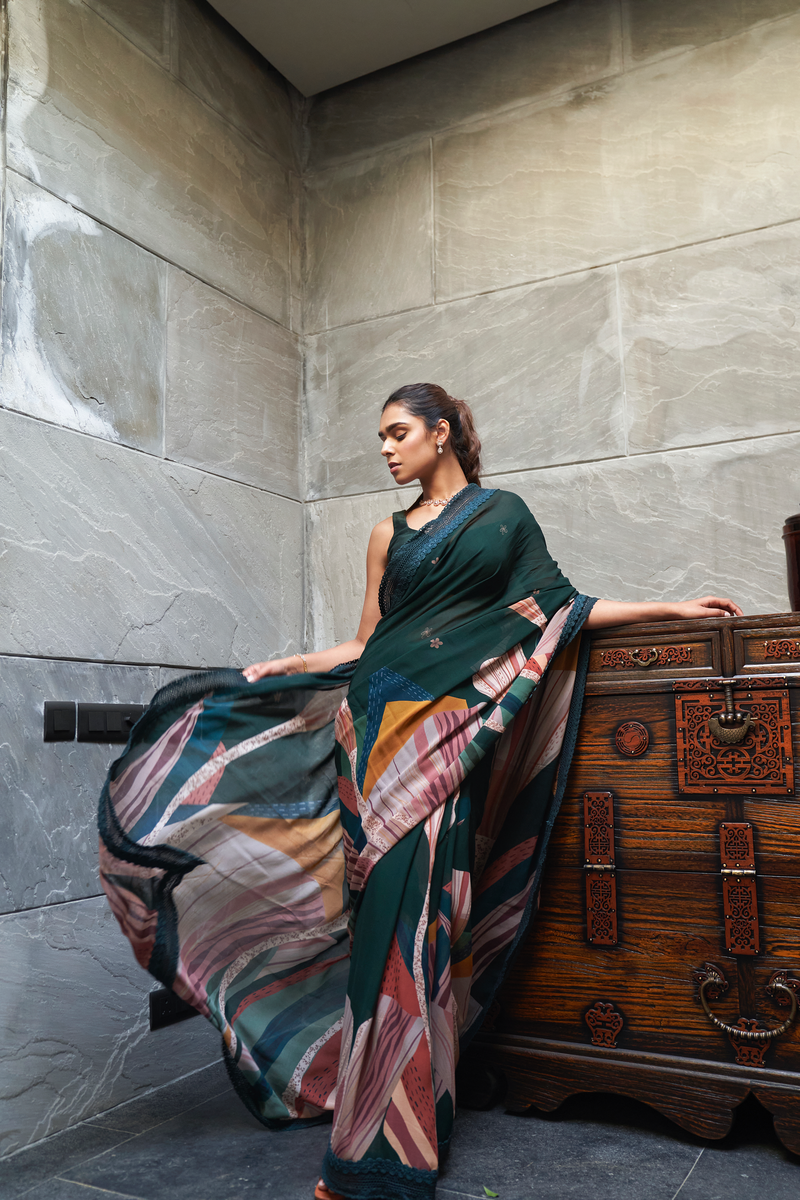 Bottle Green Abstract Print Saree With Blouse